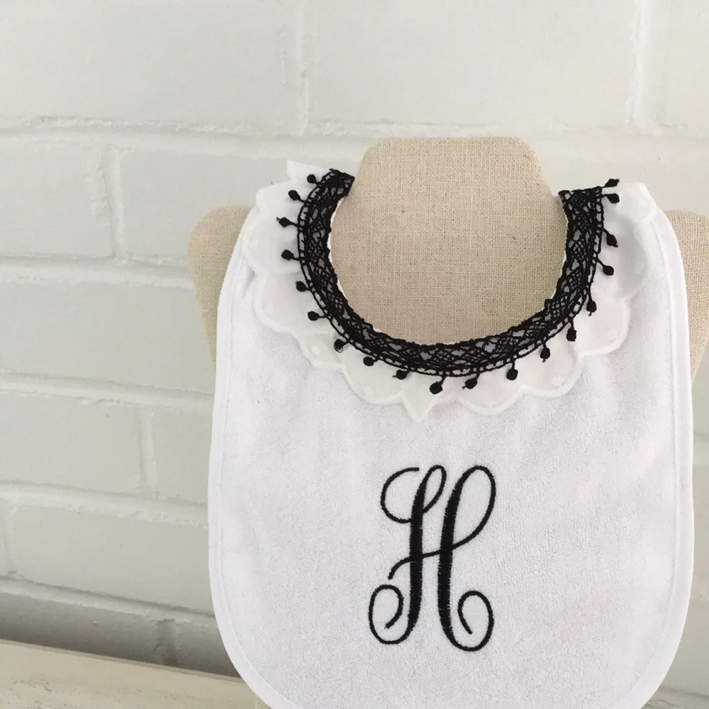 Embroidered “H” White Terrycloth Personalized Brand New Girl Bib Baby Gift